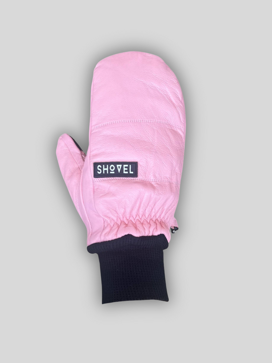 The best ski and snowboard mitts in pink leather with a gray background