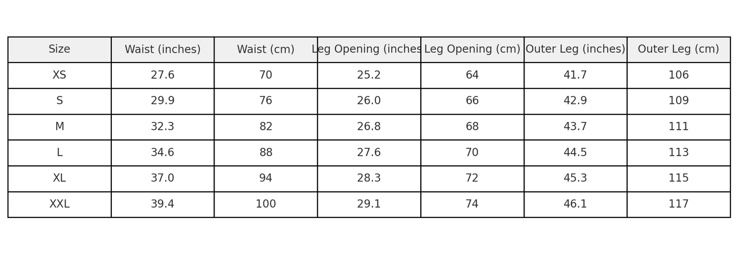 Table displaying clothing size chart with measurements in inches and centimeters.
