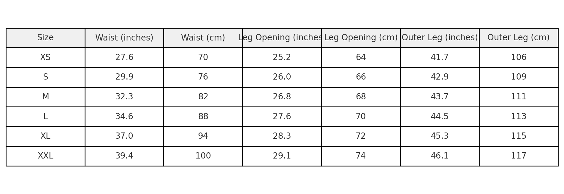 Table displaying clothing size chart with measurements in inches and centimeters.
