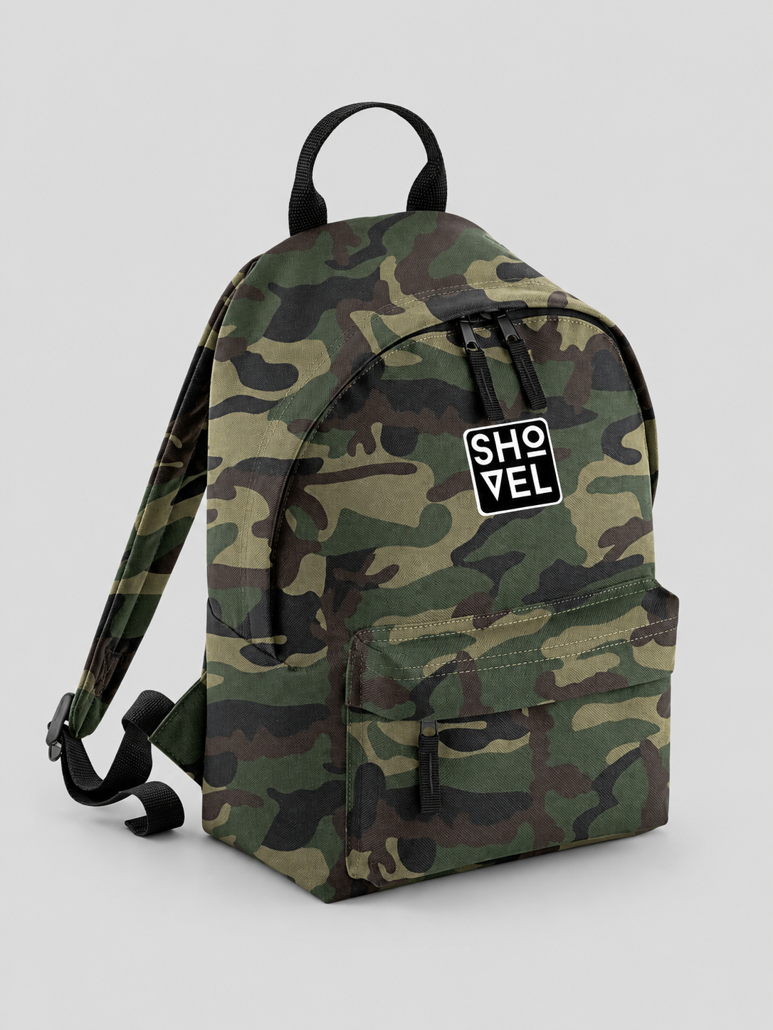 Camouflage Shovel Snow Gear Bag on a light grey background