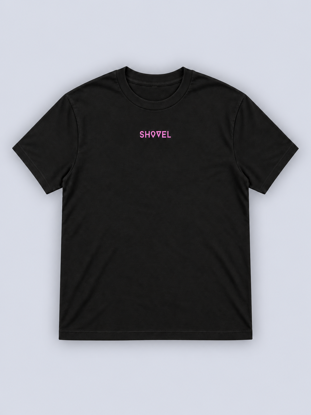 Front view of black DeJa Parker signature Shovel T-shirt on pale grey studio background