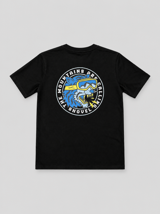 Kids Mountain Calling T-shirt on a light grey background
