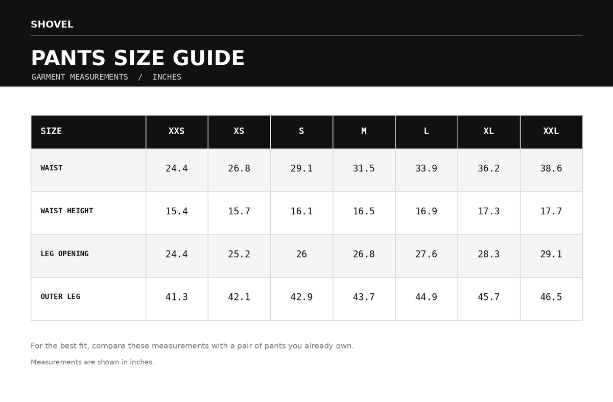 Shovel pants size guide with garment measurements in inches
