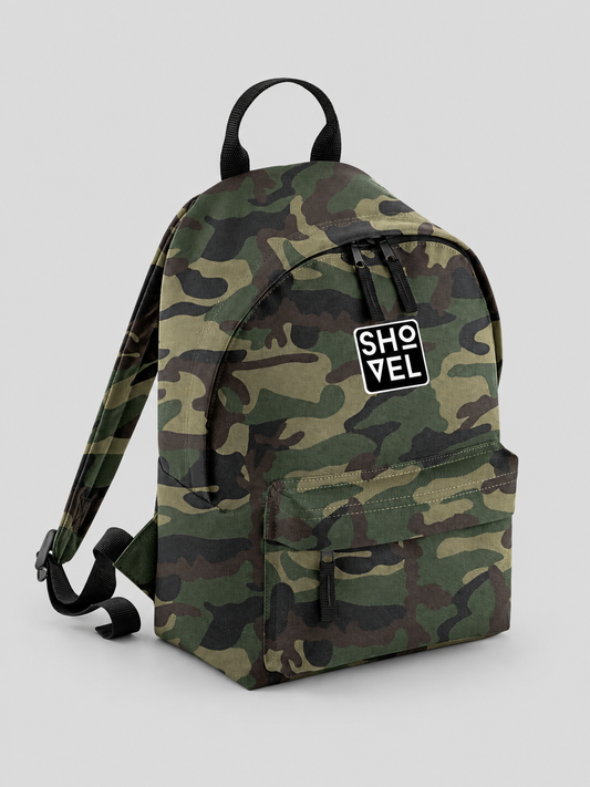 Camouflage Shovel Snow Gear Bag on a light grey background